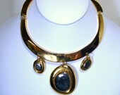 Modernist Warrior Neckring Necklace, Dramatic Tribal 2 Tone  Metal Dangles,Gold n Pewter Finishes, Metro Primitive Choker 1980s