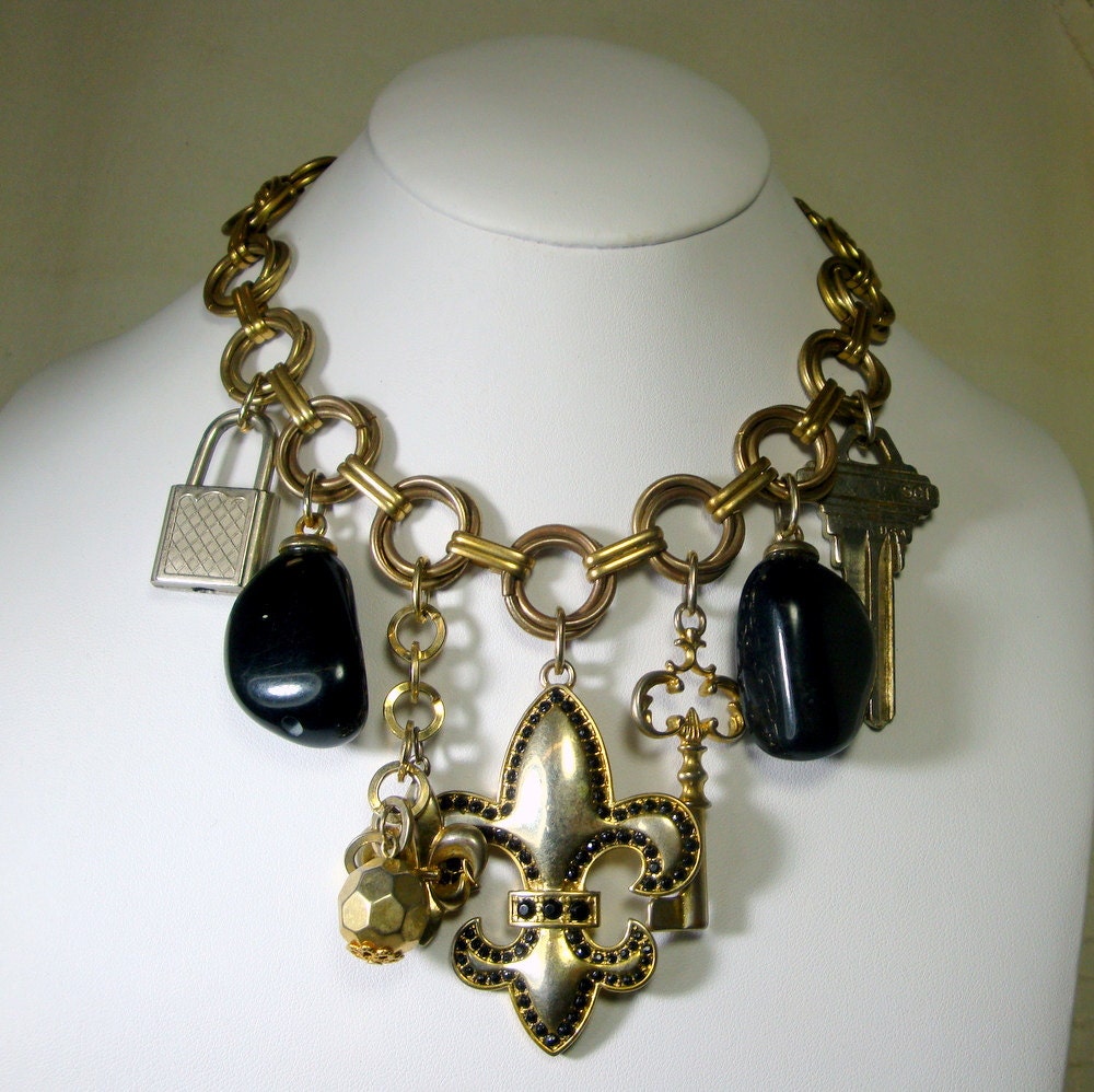 Statement Choker, Heavy Charms on Gold Chain Necklace, OOAK, Recycled Vintage Parts by Rachelle Starr