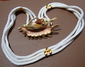 Spiked Murex Shell BELT, Large Sliced and Gilt Dramatic SeaShell Buckle on White Stretch ROPE Belt, 1970s, Mint Unused, Adjustable,