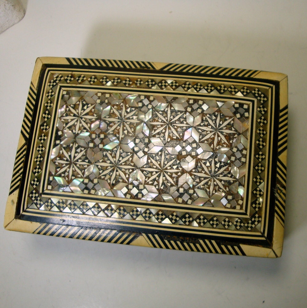 Egyptian Wood, Mother of Pearl, Bone Intricate Inlay Jewelry Box, Islamic Mosaic Handwork, Luminous 1960s