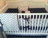 Crib Bedding Set Gray White Navy Blue