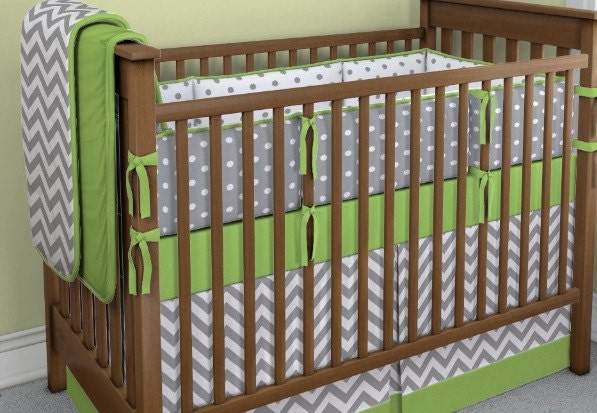 Crib Bedding Set Gray White Green