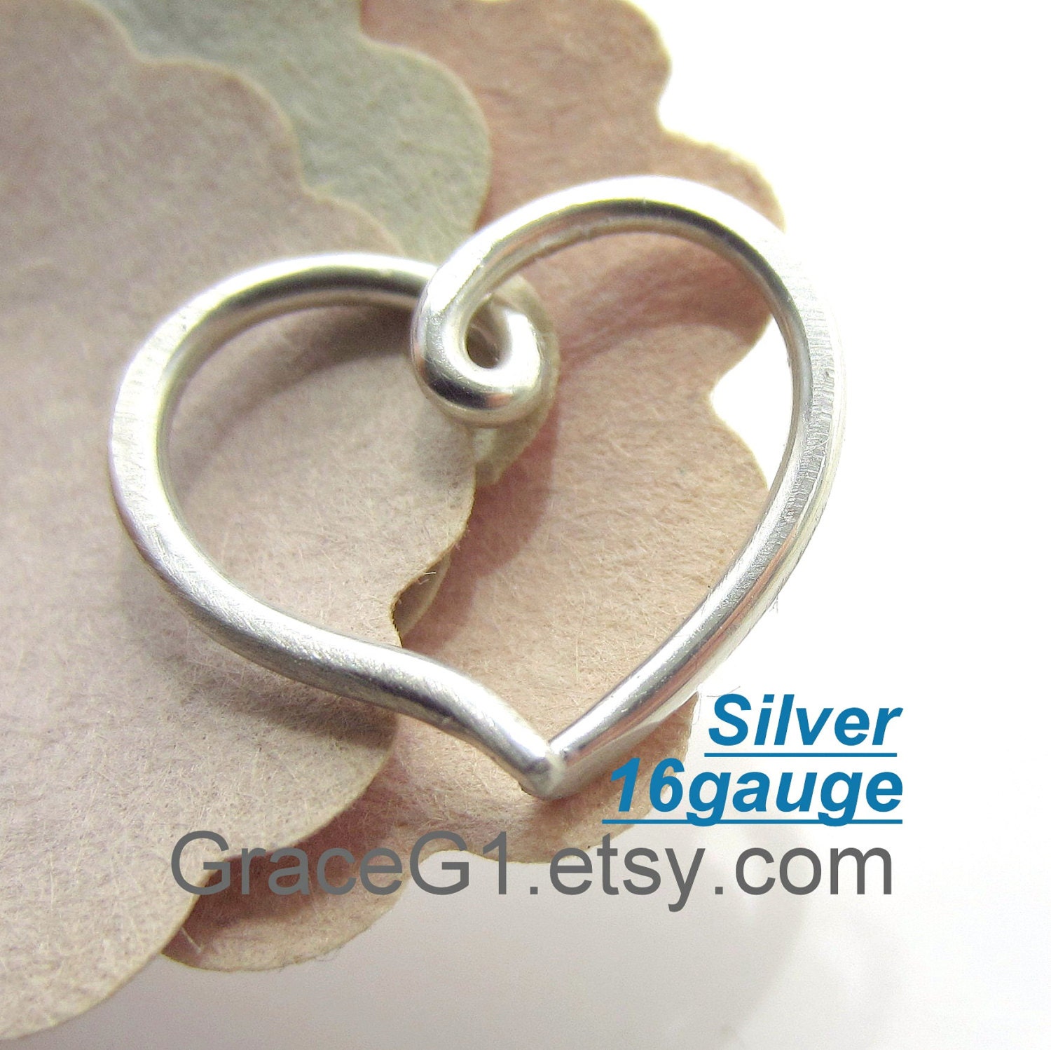 16gauge Heart Rook Earrings, Silver Heart Cartilage earrings, ONE choose 12mm or 10mm