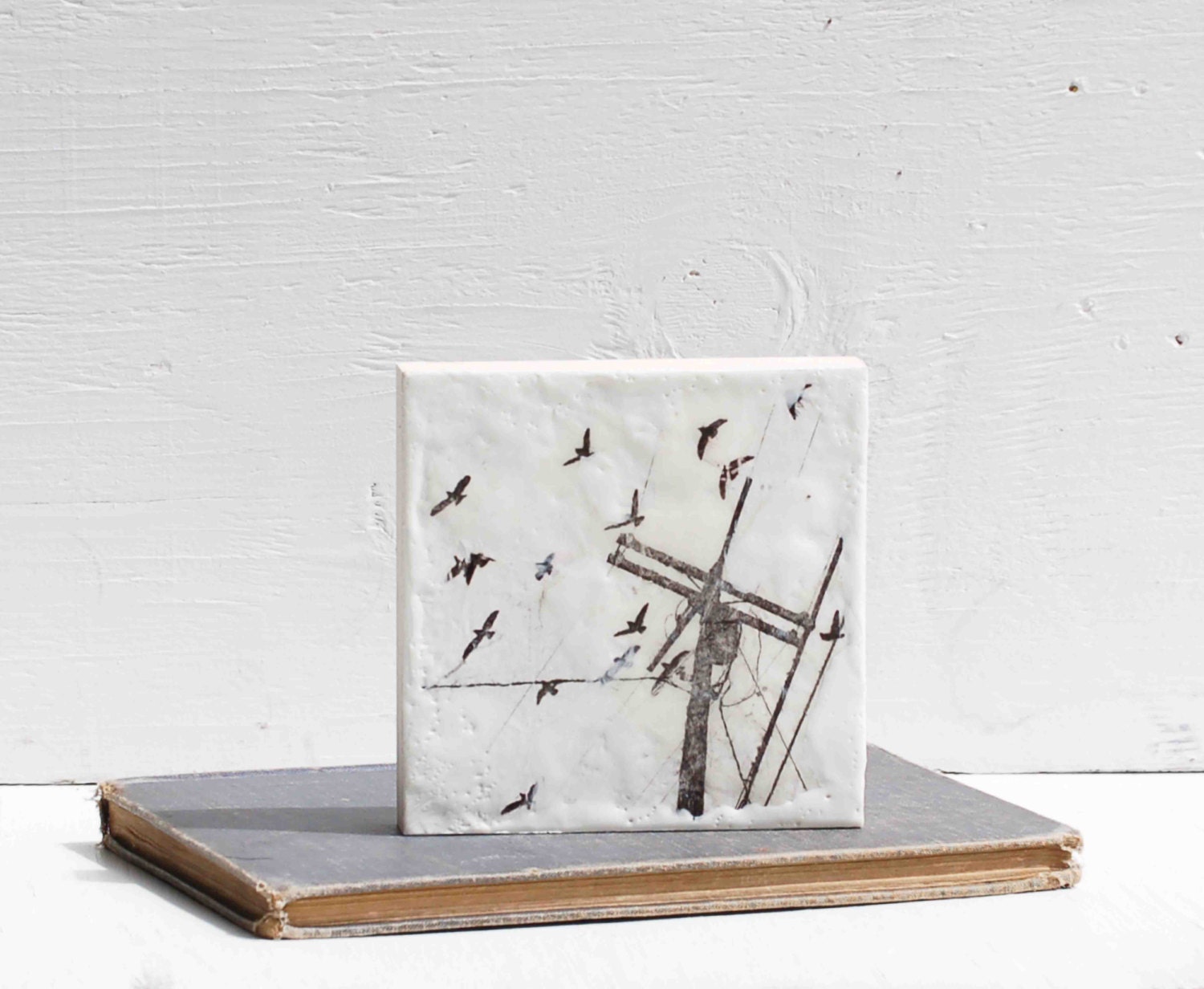 FLY AWAY Original Encaustic Painting BIRDS Black & White Telephone Pole