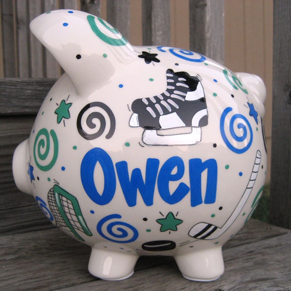 Large Hockey Fund Piggy Bank- Personalized Blue and Green