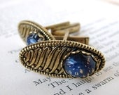 Oval Cufflinks Blue Opal Glass in Fancy Vintage Antiqued Gold Cuff Links
