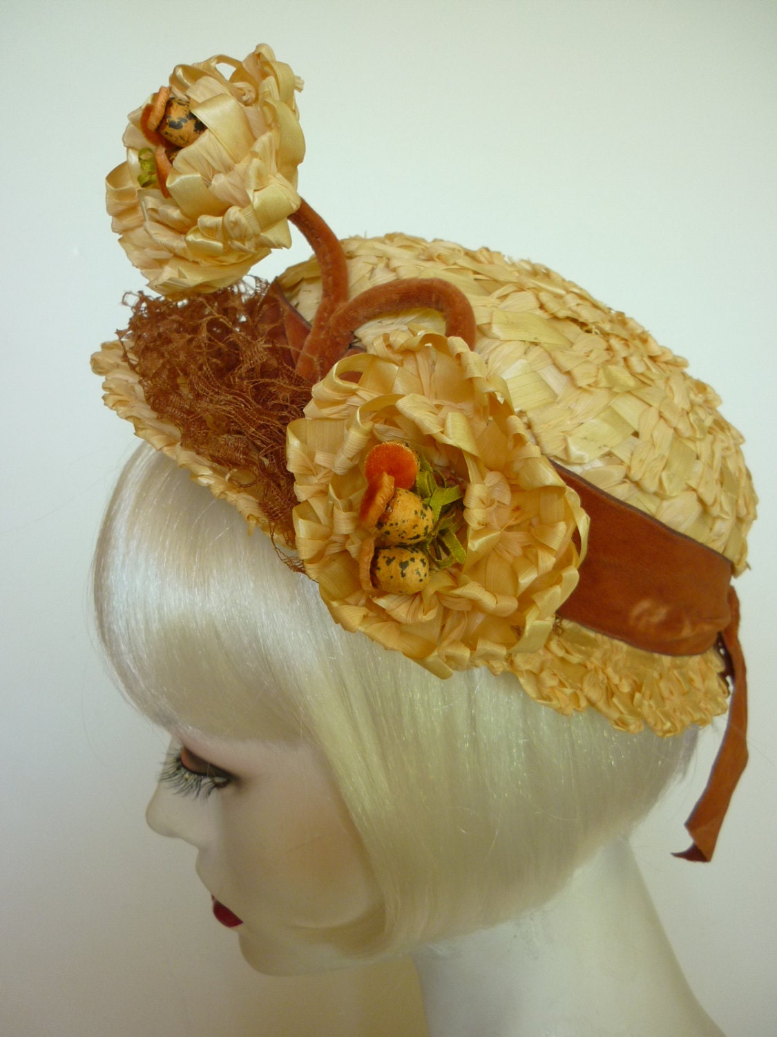 Vintage Straw Hat w Velvet Ribbon and Straw Flowers