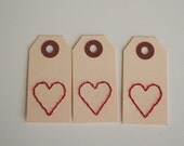 hand stitched valentine heart manila tags, set of 3