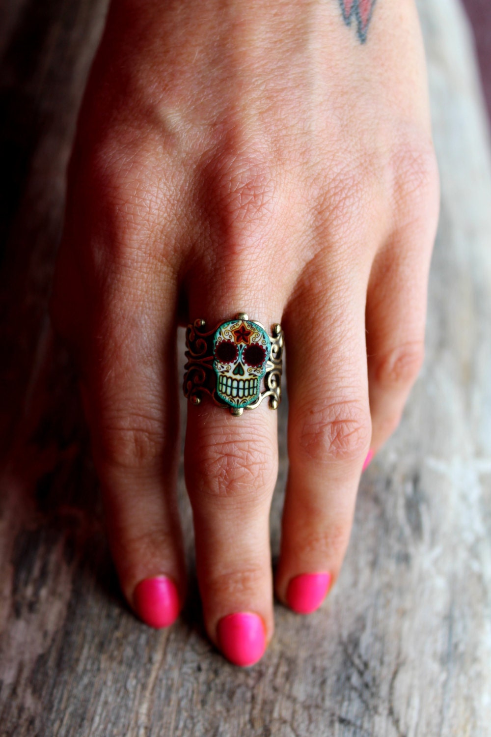 Dia de los Muertos Filigree Sugar Skull Ring in an Antiqued Brass Finish