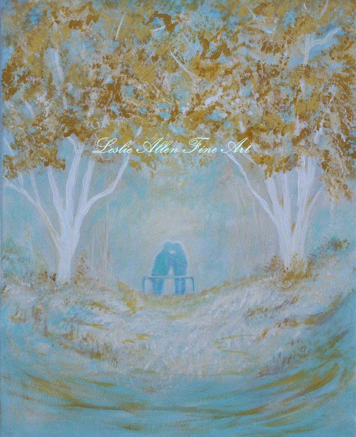Couple Painting Couple Kissing In Love "Sunny Kisses"  Park Bench Hugging  Romantic Romance Loving Leslie Allen Fine Art