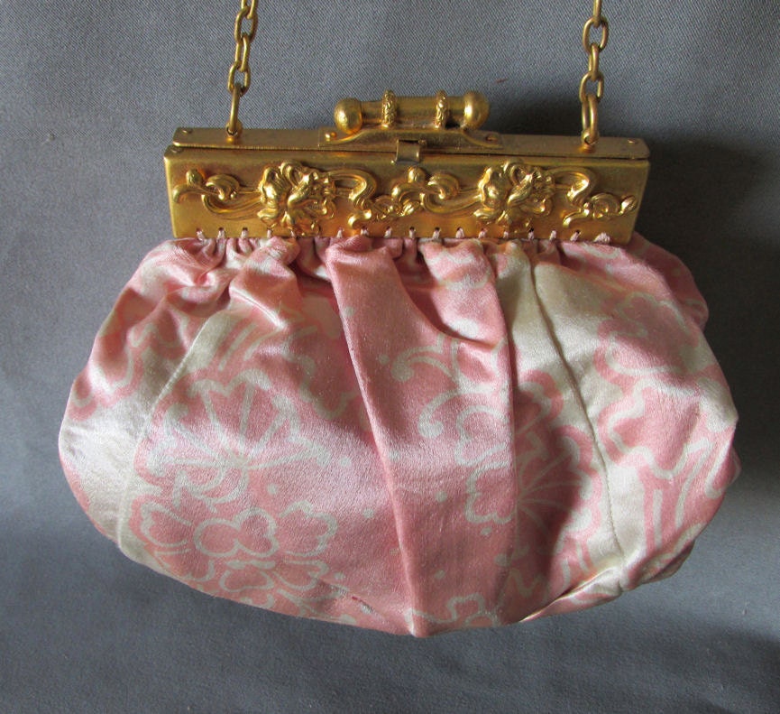 Antique Art Nouveau Gilt Gold & Silk Ladies Handbag