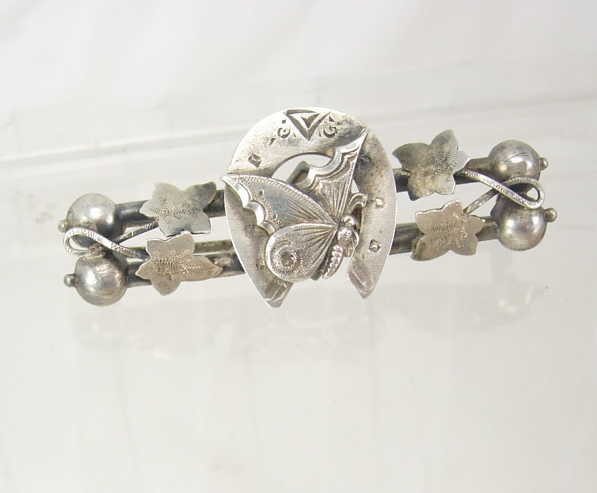 Antique 1871 English sterling hallmarked Horseshoe butterfly brooch Victorian Symbolism
