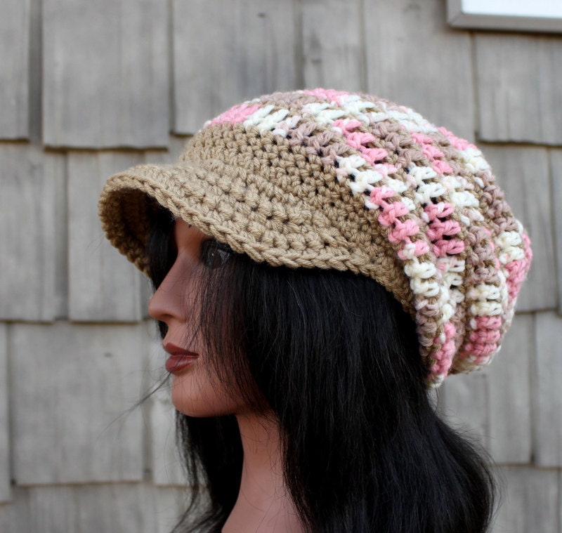 Slouchy-Back Brimster in Pink Camo and Taupe Stripes