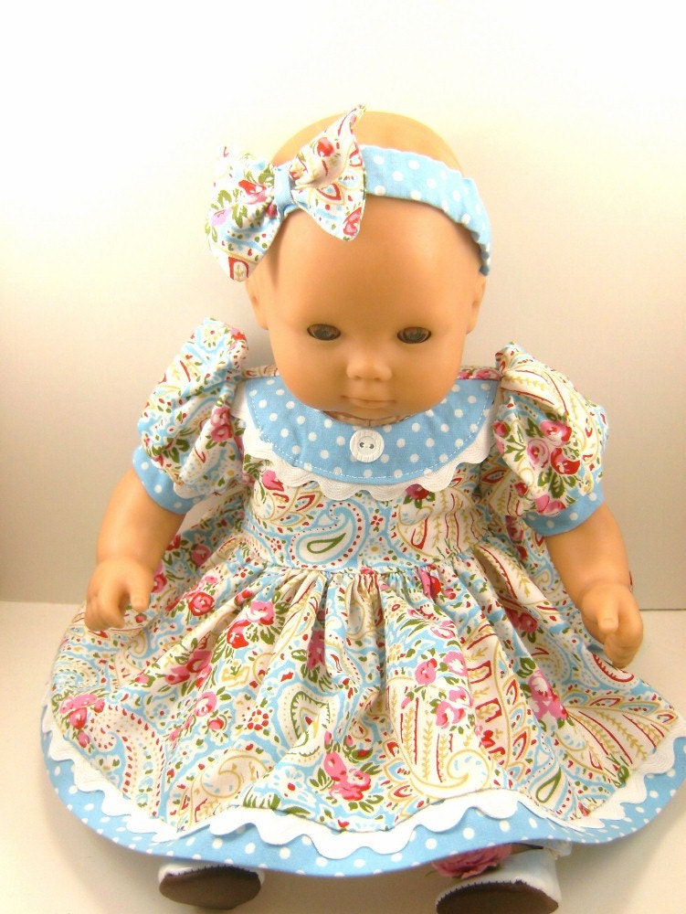Fits Bitty Baby Doll Clothes 15 Inch Short Sleeved Dress Blue Paisley with Pink Rose Clusters