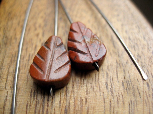 southwestern niobium earrings. stone leaf earrings. dark silver jewelry. brick red jasper stones. splurge.