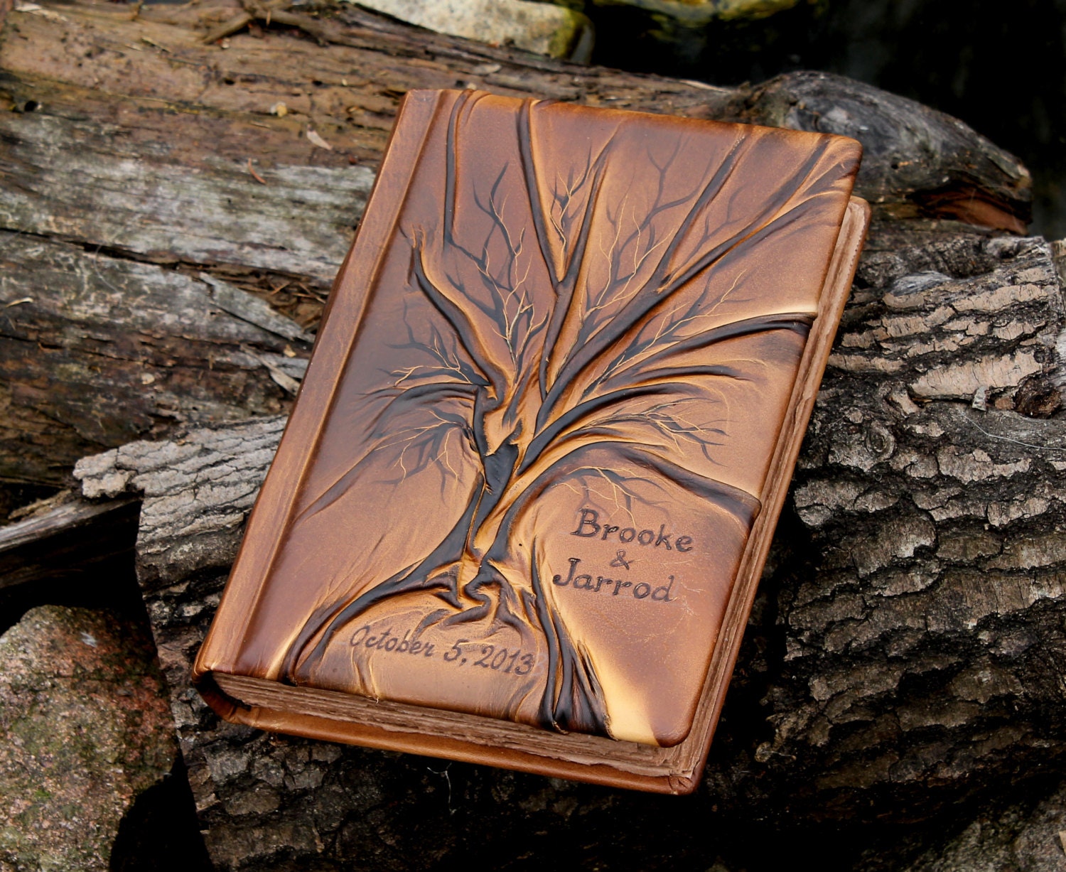 Leather wedding guest book Tree of life 10 1/2 x 7 1/2 with names or initials, date and EMS express shipping