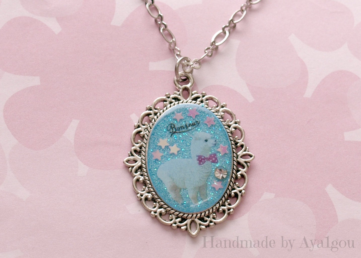 Alpaca, charm pendant, resin necklace, aqua, glitter, fairy kei, lolita, kawaii, handmade jewelry