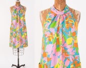 Vintage 1960's Tropical Floral Dress Neon Orange Hot Pink Sundress