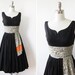 1960s black dress / vintage 60s black party dress with paisley tiered sash / full skirt cocktail dress