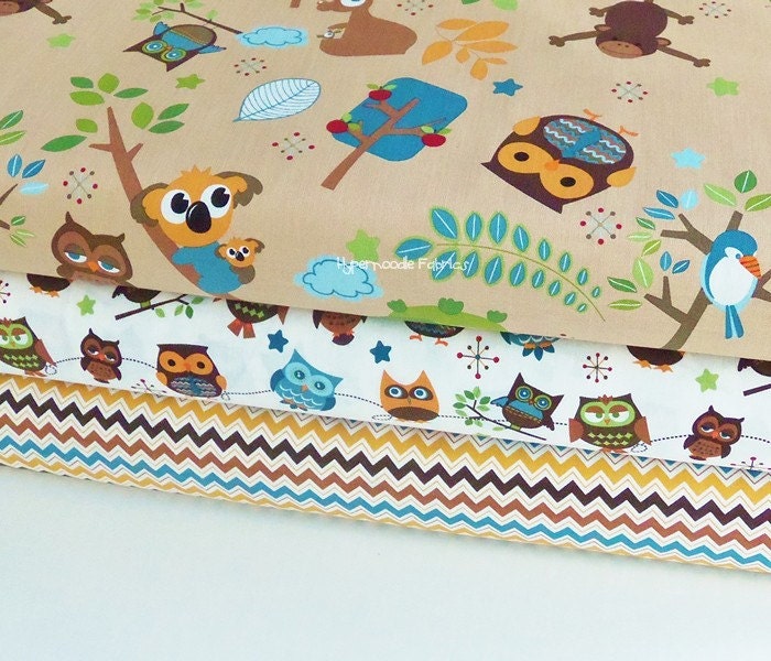 Hooty Returns Riley Blake Fabric Trio Hooty Main Brown Hooty Roll Call Cream Hooty Chevron Brown 3 yards