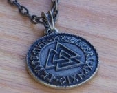 WOTANSKNOTEN RUNIC VALKNUT Bronze Double Faced Amulet Pendant Necklace on 20" Bronze Chain for Northern Trad Rune Magic, Asatru, Odinism