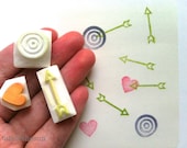 arrow rubber stamps.  hand carved rubber stamp.  hand carved stamp. arrow/heart/target. set of 3.