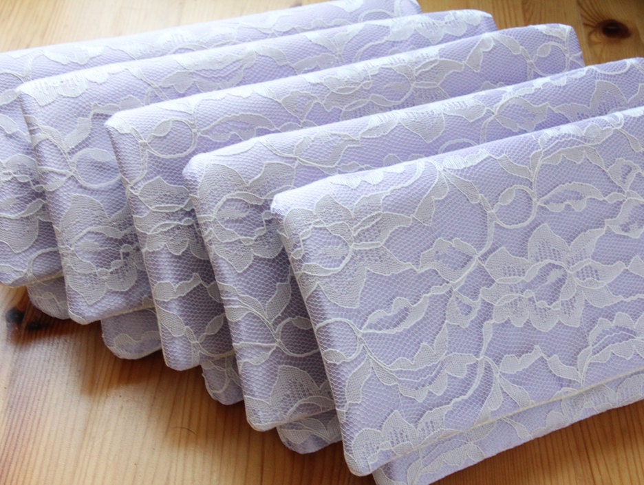 5 Lavender Satin and Ivory Lace Bridesmaid Clutches - Lace Wedding Clutch - Pick Your Own Fabric and Lace