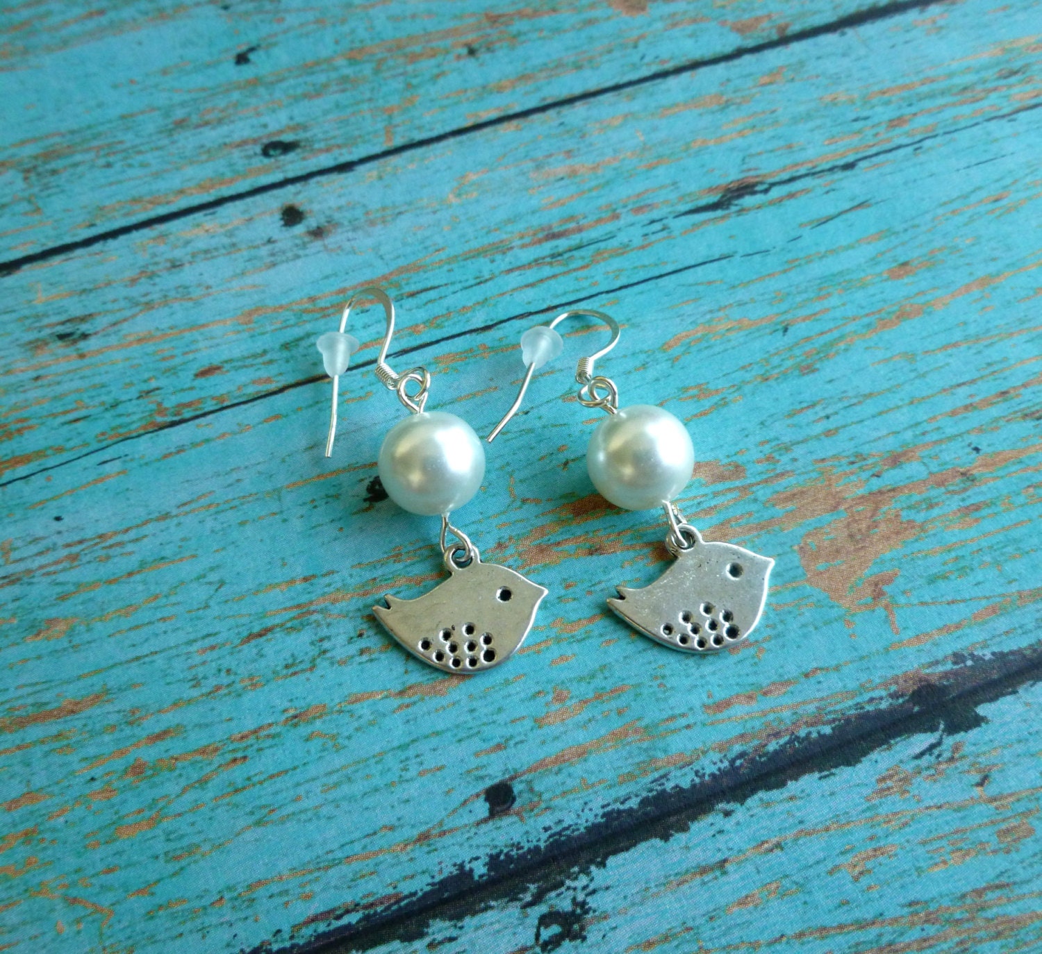 Charmed Earrings Silver Tone Bird with White Glass Pearls