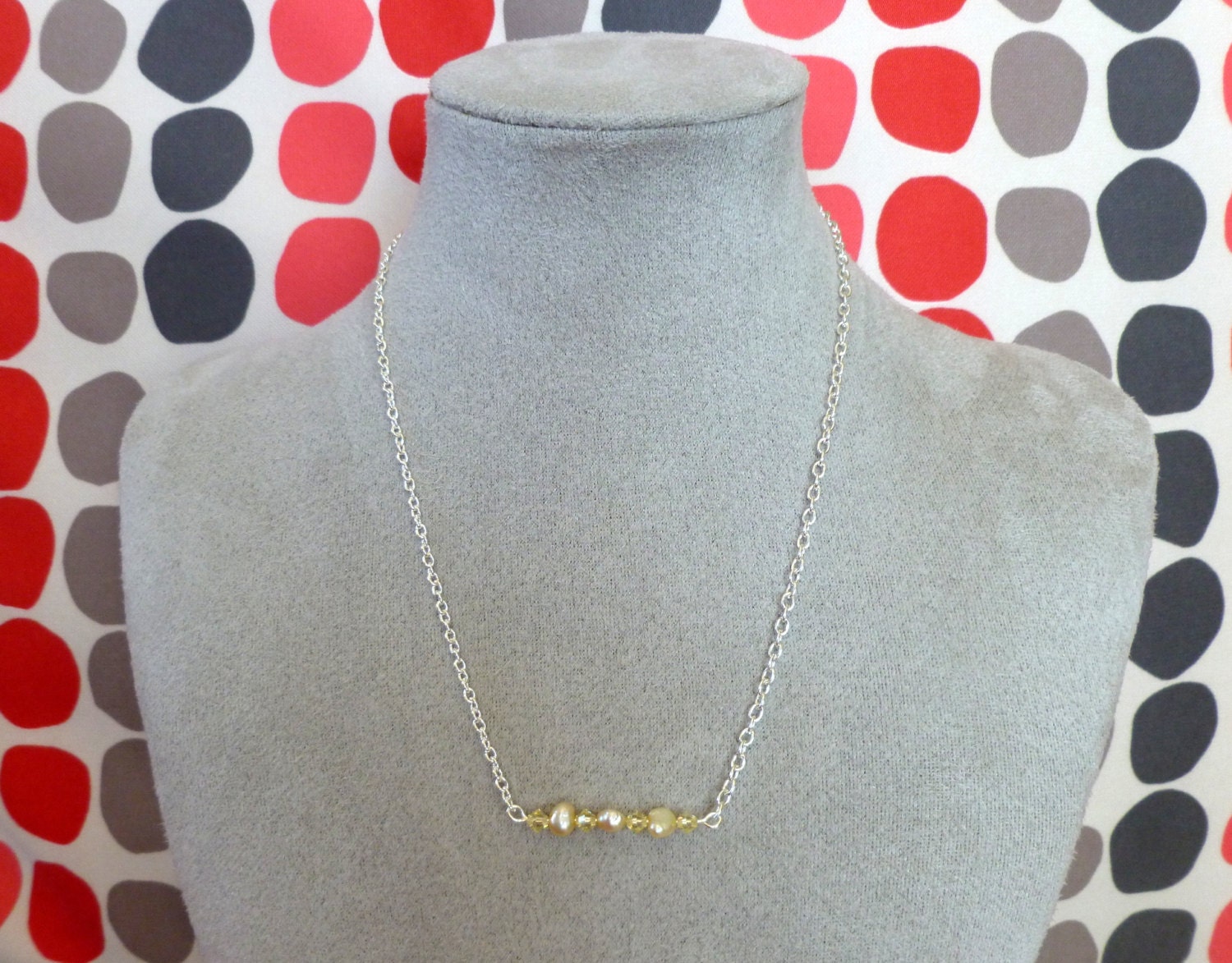 Bead Bar Necklace Silver with Yellow Freshwater Pearls and Yellow Swarovski Crystals