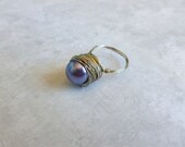 Silver Wire Wrapped with Purple Glass Pearl Ring, Size 9