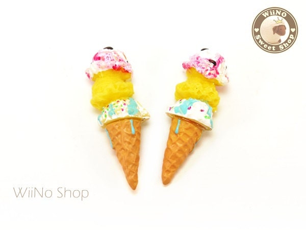 3D Multi Scoop Ice Cream Cone Miniature Dollhouse Cabochons Deco - 2 pcs