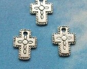 10 little cross charms with etched details, silver tone, double sided, 12mm