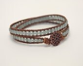 Beaded Leather Wrap Bracelet, Beaded Bracelet, Pale Blue Amazonite, Bohemian, Double wrap, Spring, Summer