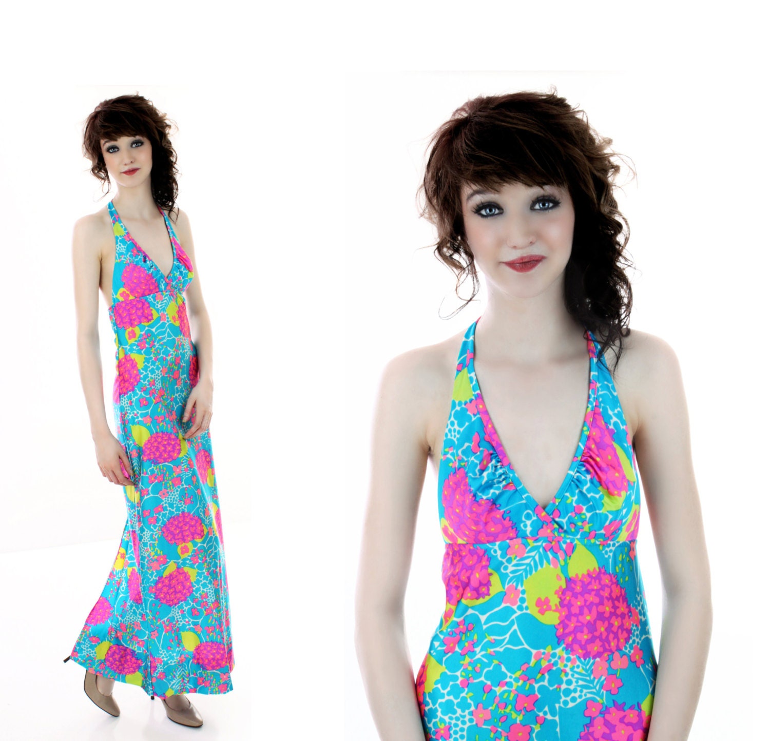60s Maxi Dress Mod Vintage Halter Sundress Psychedelic Abstract 1960s 70s Bright Floral Small S XS