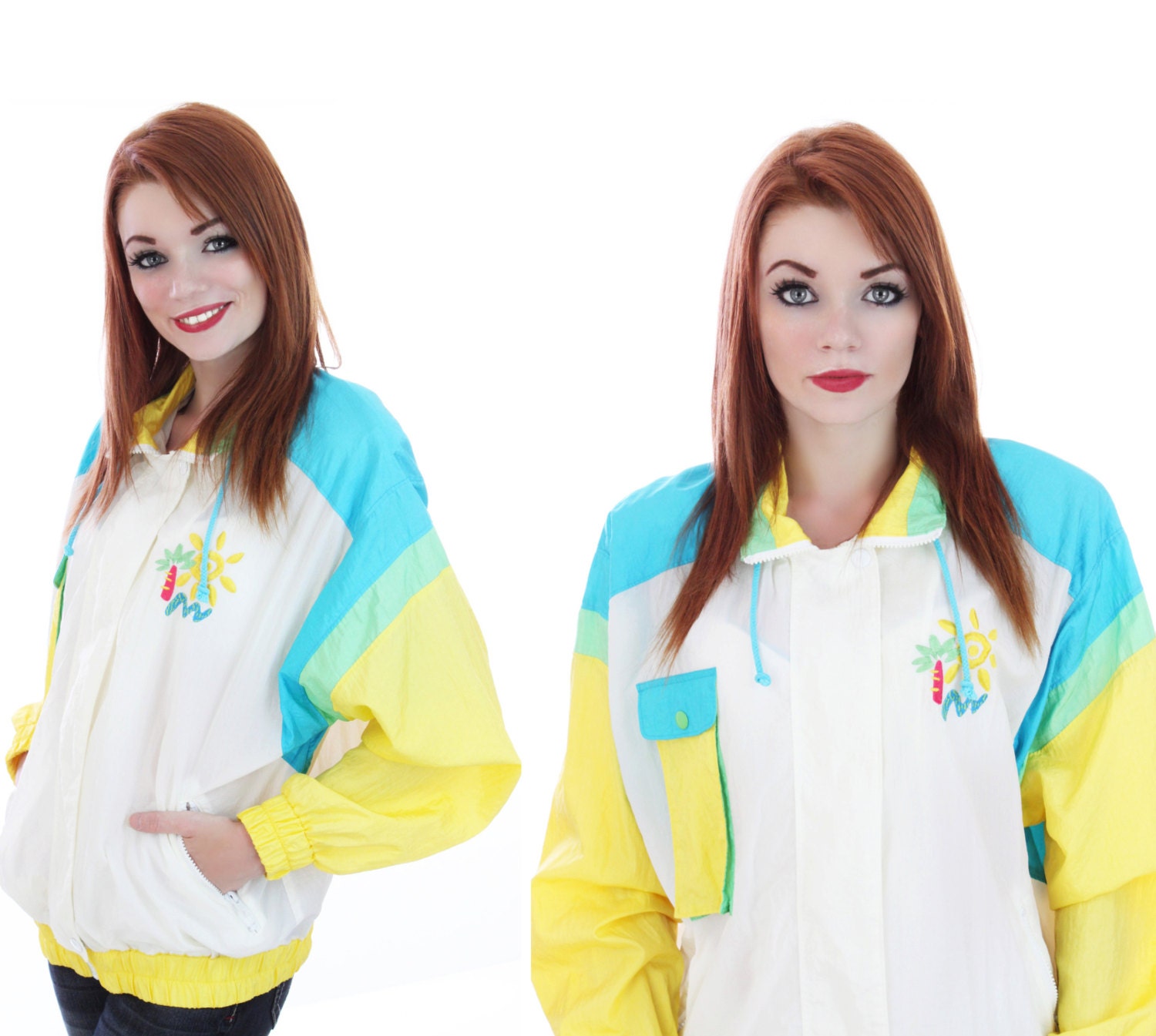 80s Colorblocked Windbreaker Jacket 90s Vintage Bright 1980s 1990s Surfer Unisex Mens Womens Medium M Large L