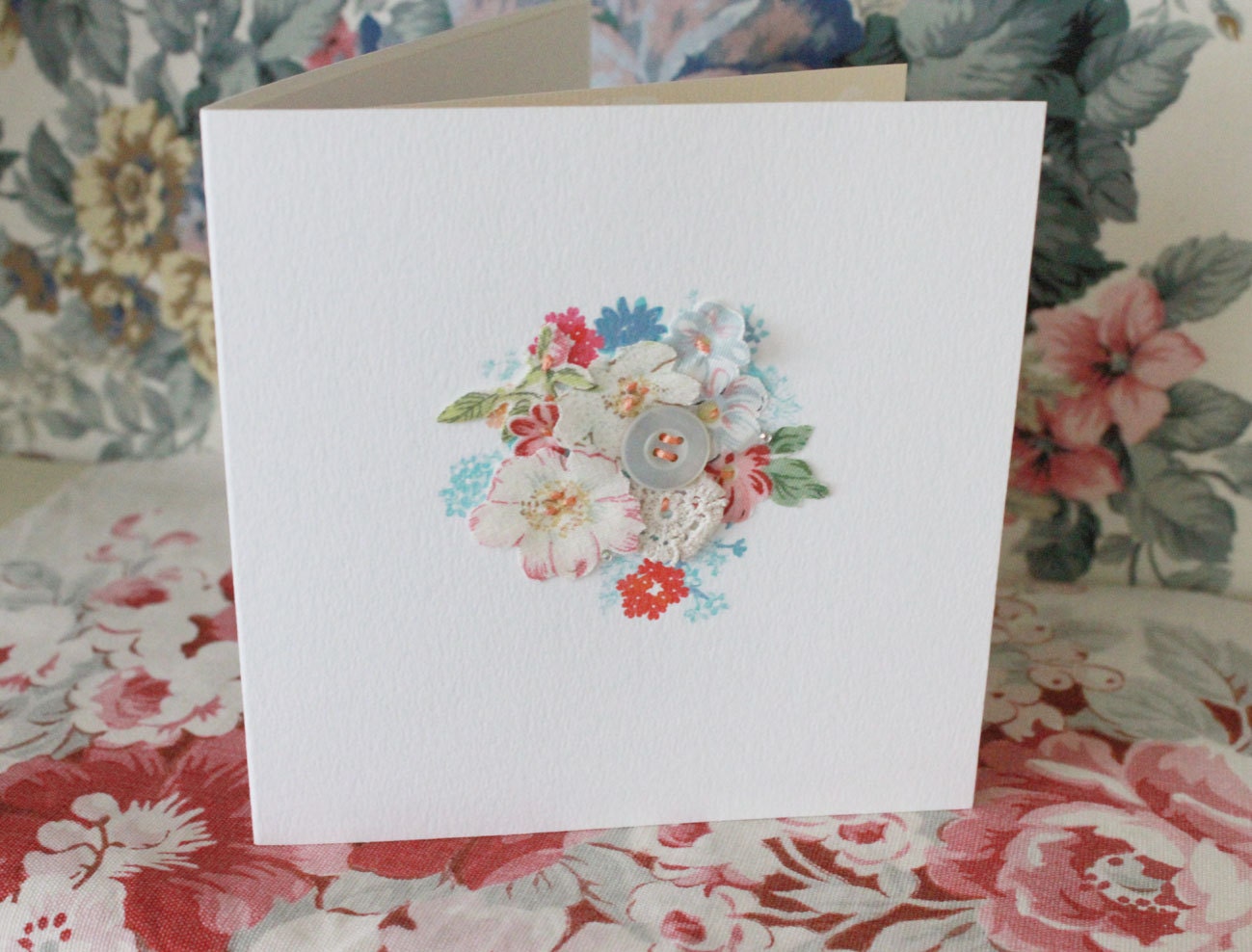 Fabric collaged 'floral arrangement' card - blank. (no.2)