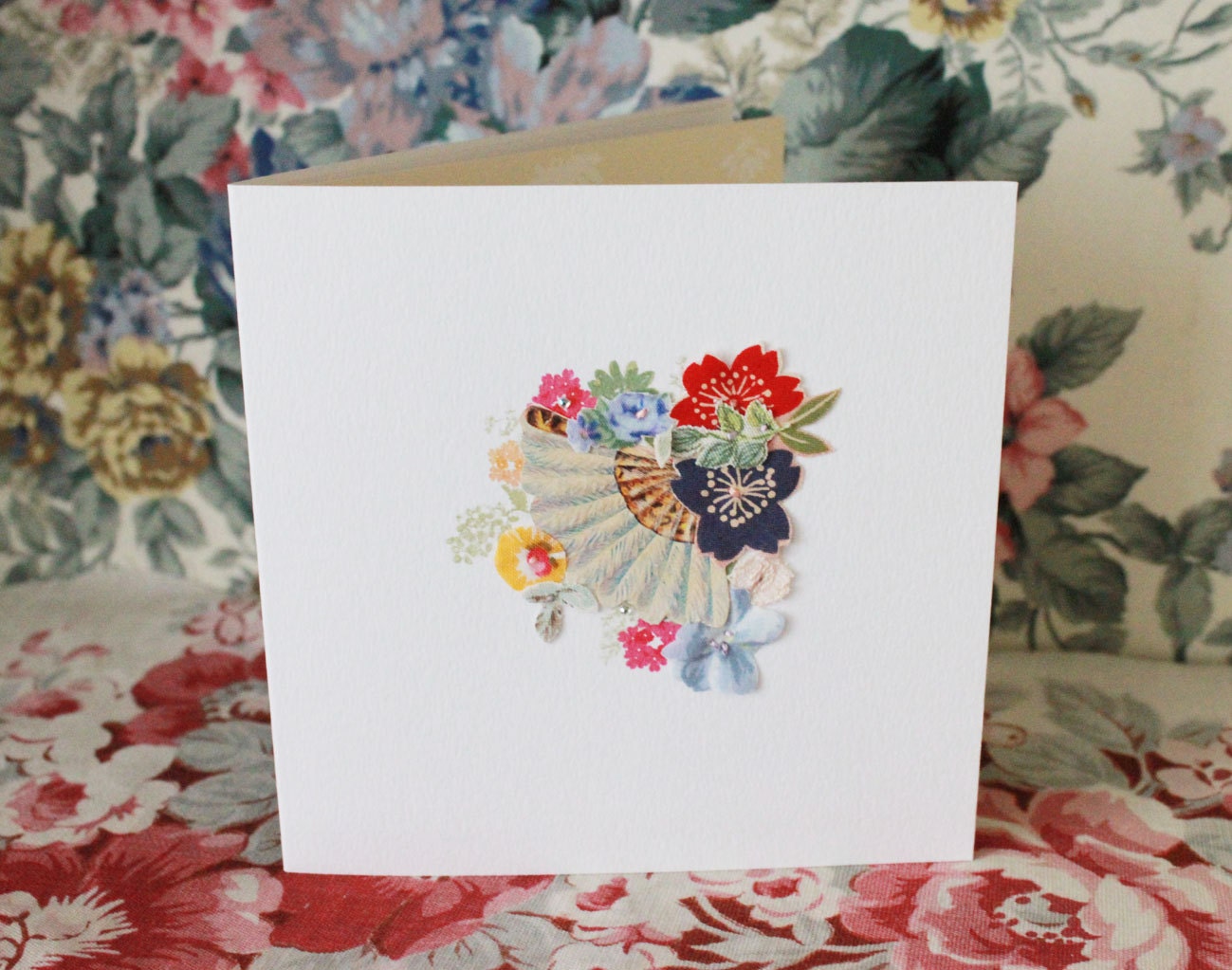 Fabric collaged 'floral arrangement' card - blank. (no.5)
