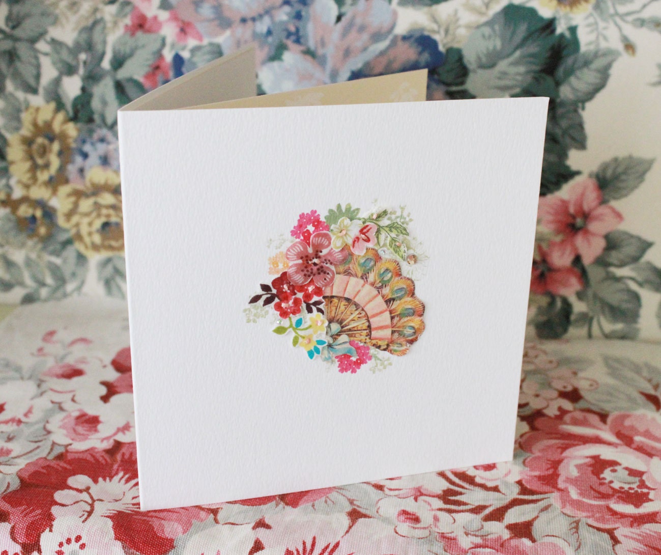 Fabric collaged 'floral arrangement' card - blank. (no.11)