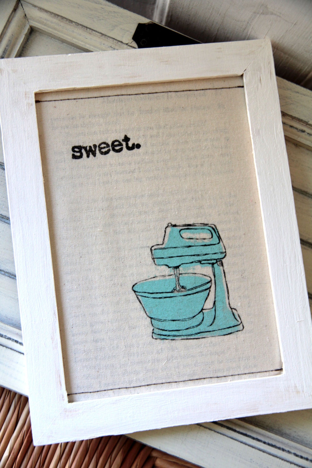 Linocut print / Screenprint - 5" x 7" sweet kitchen mixer fabric print - Mint