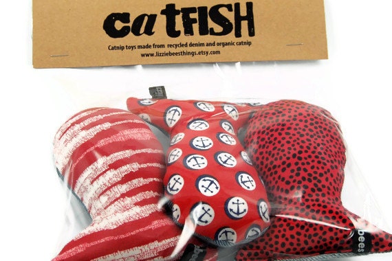 Catnip Fish Toy, Pack of 3, Recycled Denim, Red - lizziebeesthings