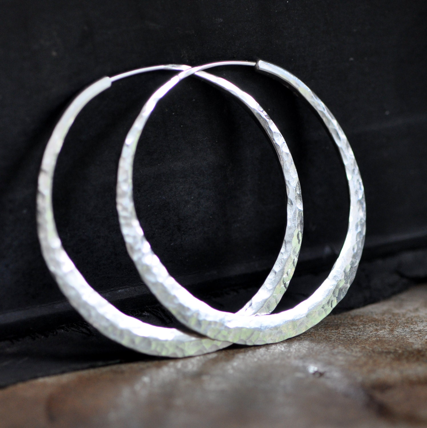 hammered sterling silver hoop earring 2 inches medium large handcrafted gypsy moon hoop