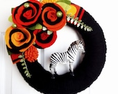 Safari-  The Original Felt Yarn Wreath -  Retro Door Decoration in Black, Orange, Red and Yellow- Home Decor Art Textile