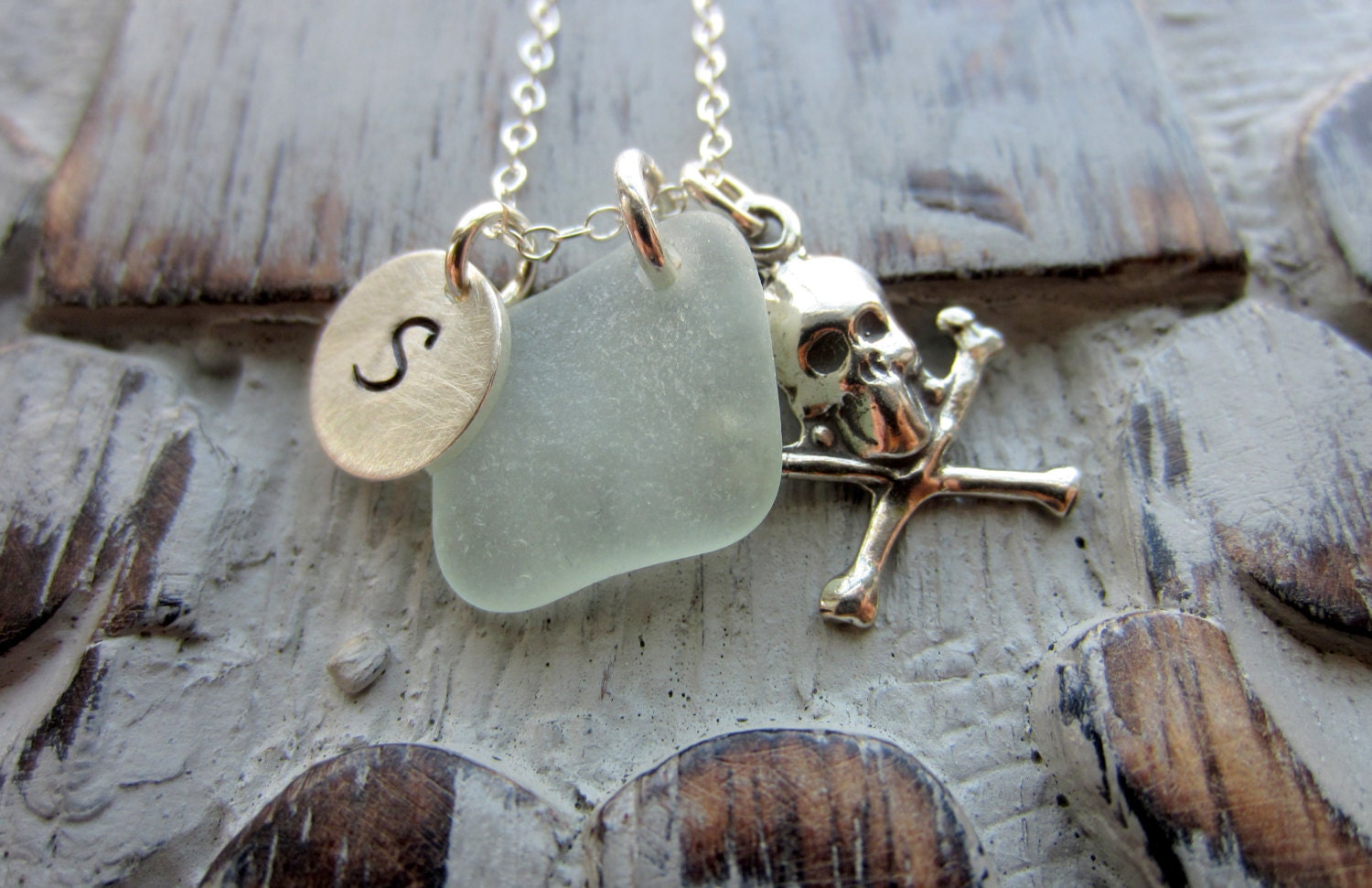 Pirate Necklace, Personalized Charm Necklace with Sterling Silver Skull and Cross Bones, Sea Glass and Initial Charm, Seafoam, Jolly Roger