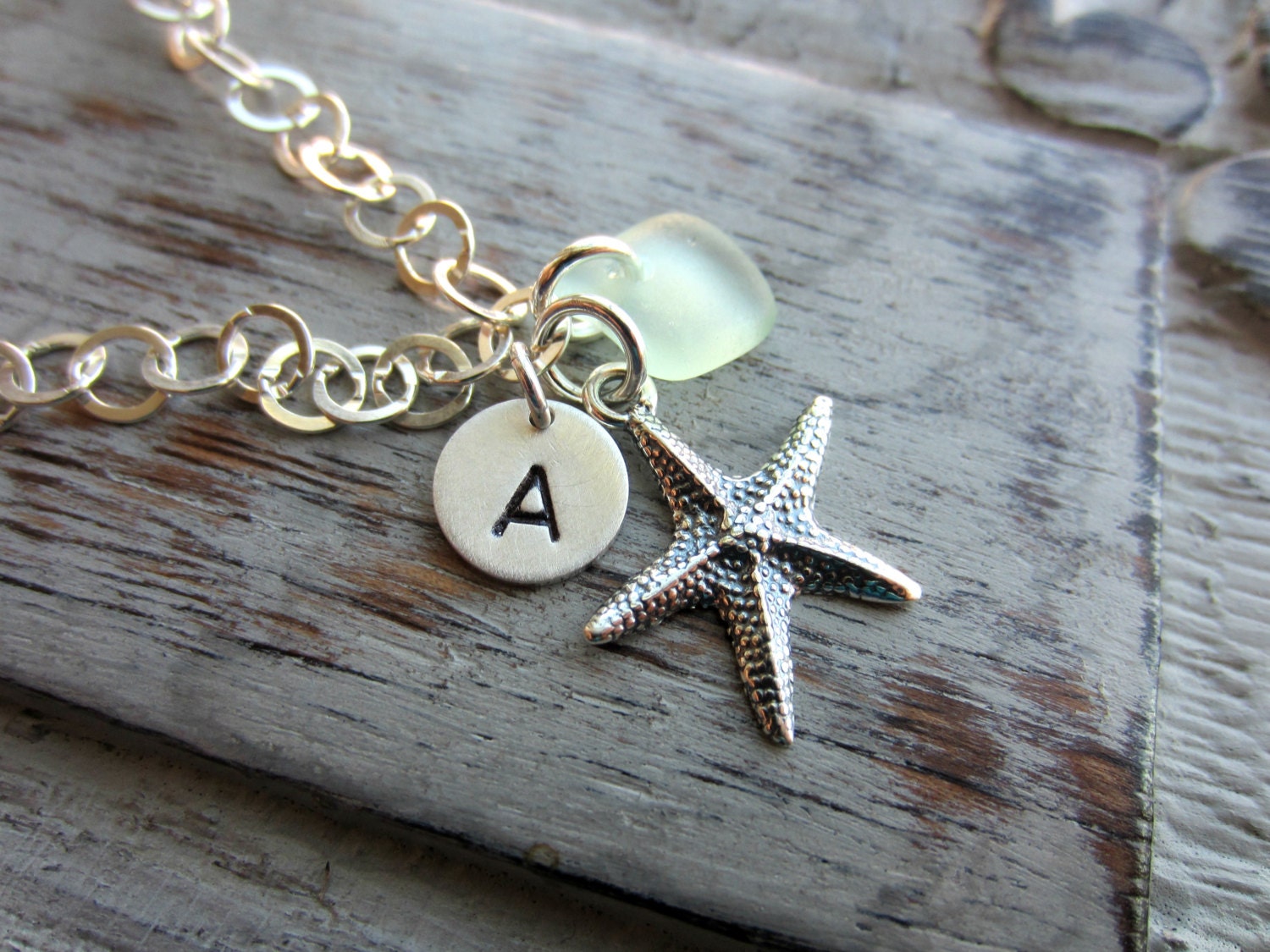 Sterling Silver and Sea Glass Charm Bracelet Personalized with Hand Stamped Initial Charm, Large Link Sterling Chain