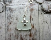 Pale Seafoam White Sea Glass Necklace, Sterling Silver with Sterling Fleur De Lis Charm, Recycled Clear Glass