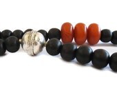 Long Wood Bead and African Amber Resin Bead Statement Necklace