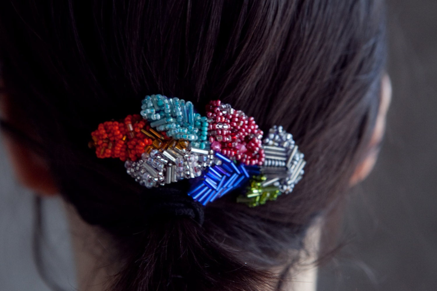 Multi Coloured Hand Beaded Hand Cut Leaf Barette