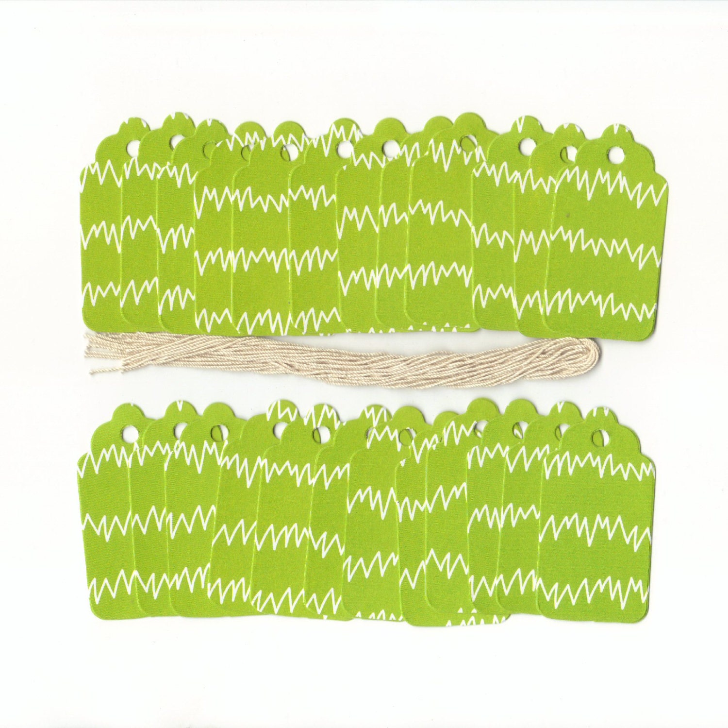 Under One Dollar Clearance - Green with White Squiggles Medium Scallop Die Cut Gift Hang Tags (24) Set 1