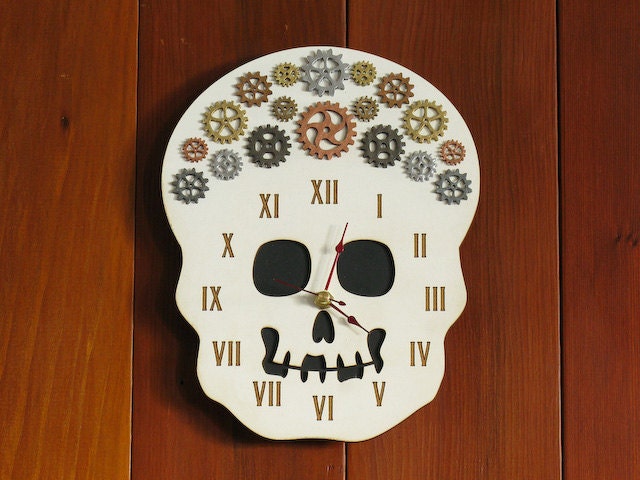 Spooky Steampunk Sugar Skull and Gears Clock