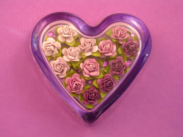 Purple Rose Floral Glass Heart Paperweight Home Decor June Birthday